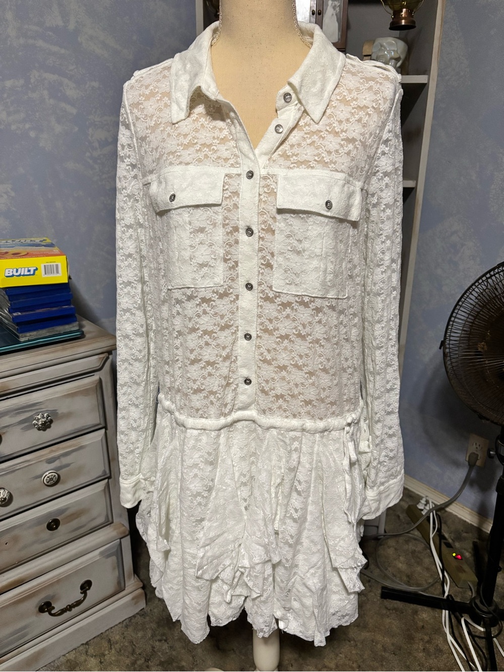 GUESS L White Floral Lace Ruffle Shirt Dress Boho Western Bridal - Picture 2 of 15